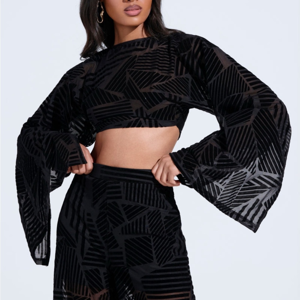 AKIRA’S Having Regrets About You See Through Black Velvet Geometric Pattern Top - Picture 3 of 7